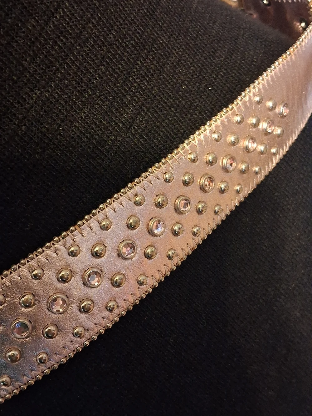 Studded Metallic Rosegold Pink Western Belt with Ornate Buckle 29 To 33 Inches